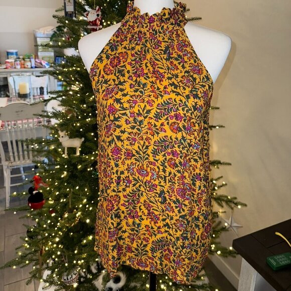 CYNTHIA ROWLEY FLORAL TOP WITH RUFFLED NECK IN YELLOW SIZE XSMALL - NWOT (493) - Picture 1 of 2